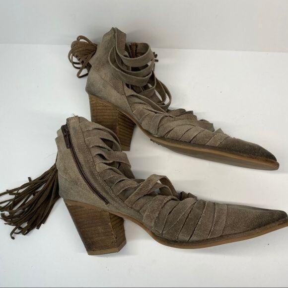 Jeffrey Campbell Taupe Suede Tassel Strappy Boots Size 8 - Picture 7 of 7